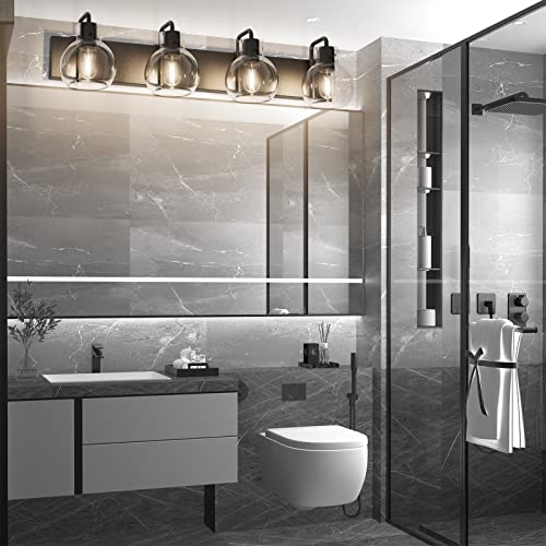 Image of Tipace Bathroom Light Fixtures,4-Light Matte Black Vanity Light,Modern Wall Sconces with Clear Glass Globe Shade,Bathroom Vanity Lighting for Mirror Kitchen Bedroom Hallway(Exclude Bulb)
