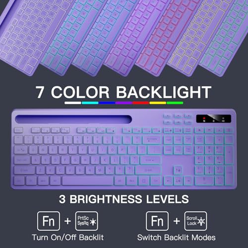 Image of Soueto Wireless Keyboard with 7-Color RGB Backlit, Full-Size Computer Keyboard with Phone Tablet Holder, 2.4G Rechargeable Gaming Keyboard with Light Up Keys, Compatible with Mac, Windows (Purple)