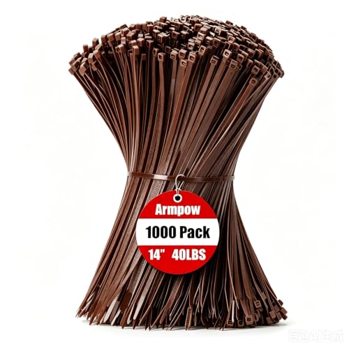 Image of Armpow 14 Inch Zip Ties Brown 1000 PCS, 40 Lbs- Heavy Duty Tensile Strength, Nylon PA66 UV Resistant Cable Ties for Indoor and Outdoor Use - Ideal for object bundling and fastening