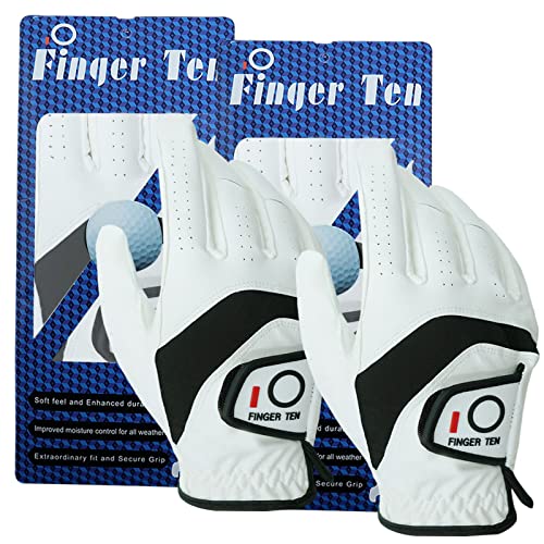 FINGER TEN Golf Gloves Men Right Hand Leather All Weather Premium Grip Tour Value 2 Pack