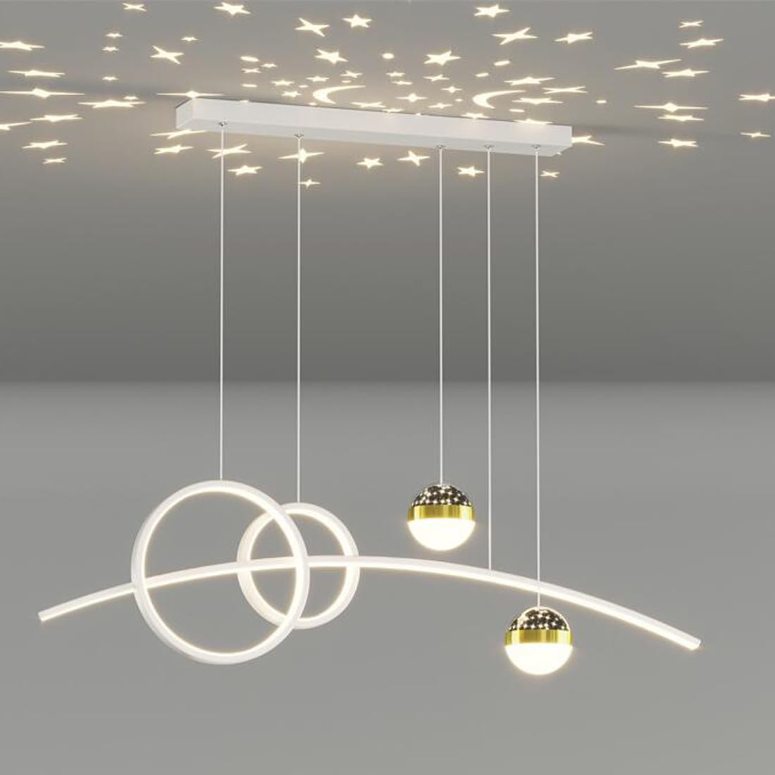 Modern Ring Pendelleuchte LED Esstisch Dimmbar Hängeleuchte Esszimmer Stern-Deko Kreativ Weiß Metall Design Lampe Büro Beleuchtung mit Fernbedienung Kronleuchter für Wohnzimmer Studie Küche, D100cm