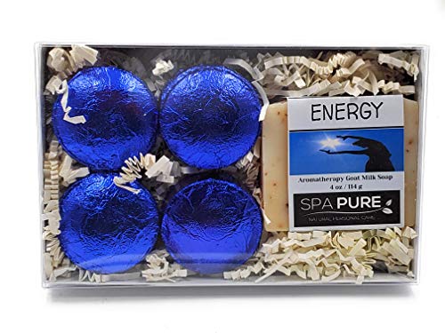 Spa Pure Aromatherapy Gift Set: Energy Artisan Soap, 4 Shower Steamers, made in USA with plant based ingredients, includes Cotton Steamer Bag & Soap Bag