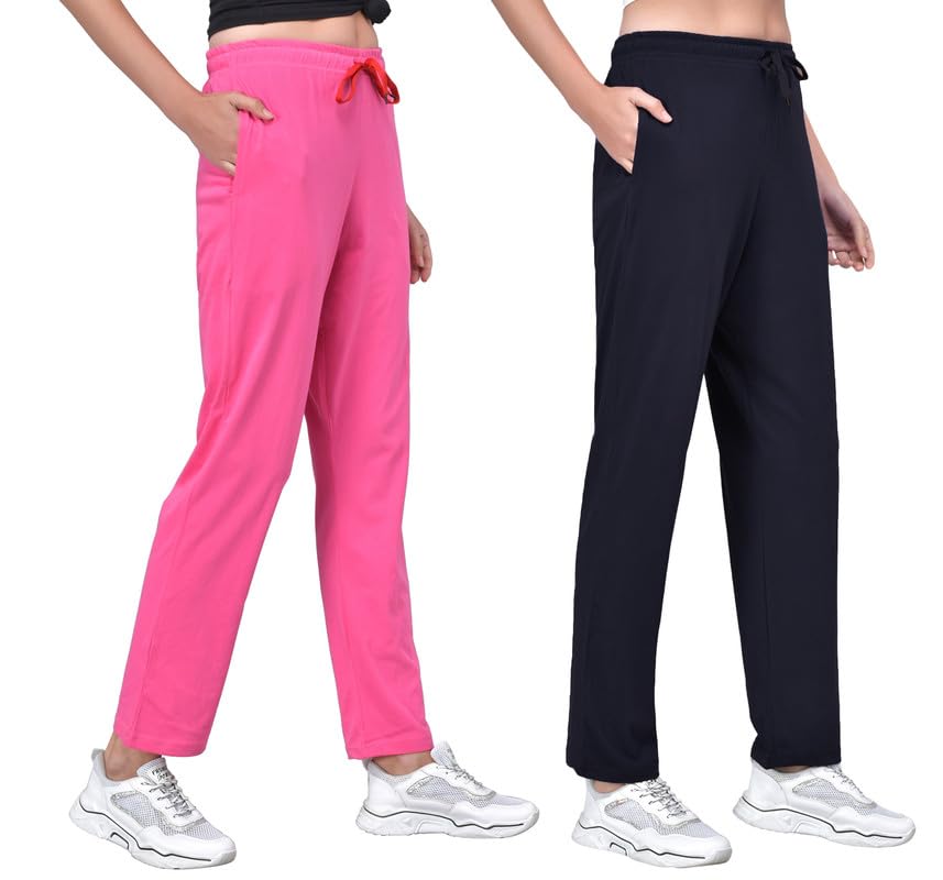 Image of Fflirtygo Women's Cotton Solid Pyjama /Track Pants, Navy Blue and Lavender (Pack of 2)