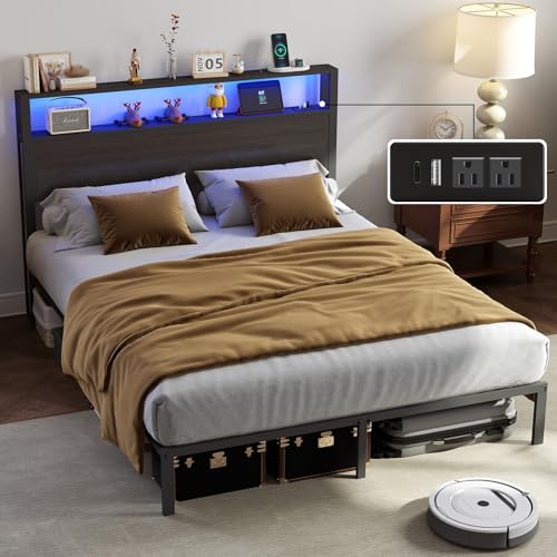 Image of RVONOW Full Size Bed Frame with Headboard, Metal Platform Bed Frame with LED Lights & Charging Station, Under Bed Storage, Solid and Stable, No Box Spring Needed, Noise Free, Easy Assembly, Dark Grey