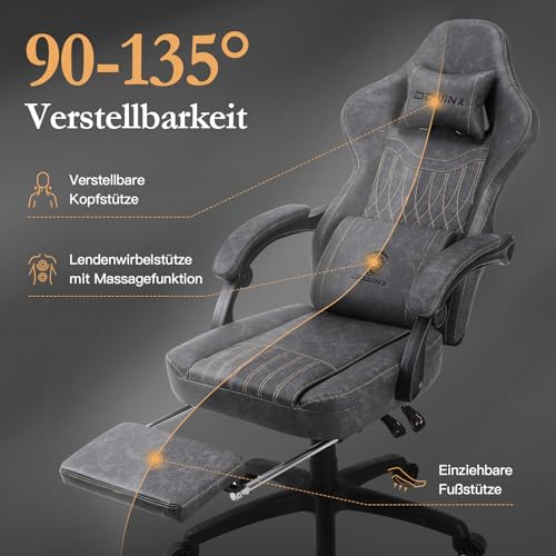 Sedia da gioco con cuscino primaverile, da corsa, con massaggio, ergonomica, con poggiapiedi, in pelle PU, grigio - Sedia gaming - Immagine 7