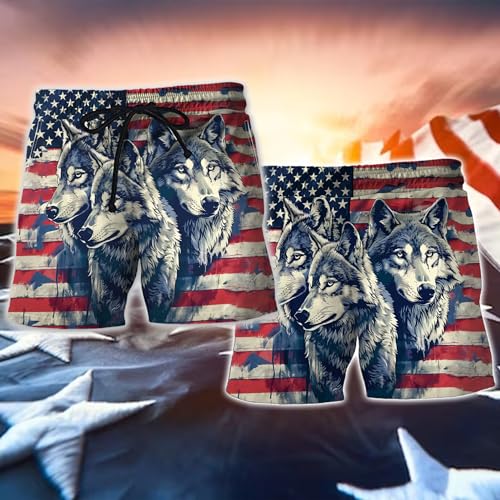 V-DECORPARKS 4th of July Men's Swim Trunks - Happy Independence Hawaiian Shorts for Men, Men's Summer Bathing Shorts Set 392
