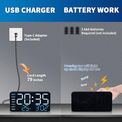 KCKJ Large Digital Alarm Clock for Bedroom & Home - with Temperature, Date and Weekday Display, Adjustable Brightness & Volume, Dual Use for Desk or Wall Mount - Image 3