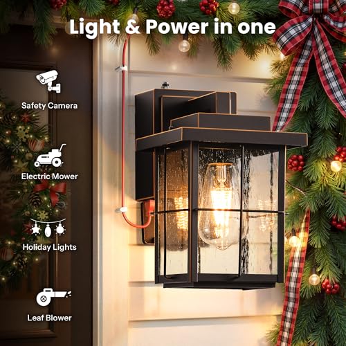 Image of Gleamz Outdoor Wall Light with GFCI Outlet, Modern Dusk to Dawn Light with Outlet, ORB Gold Trim Outdoor Wall Lantern for Porch, Waterproof Exterior Lights Wall Mount, Coach Light Fixtures for Garage