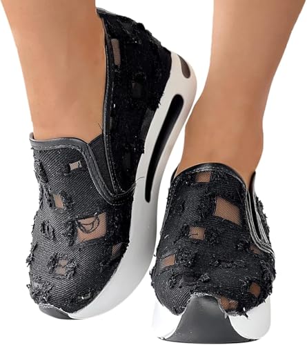Floral Embroidery Sneakers for Women,2025 New Embroidery Platform Wedge Breathable Sheer Mesh Lace Fashion Sneakers with Arch Support for Women,Slip On Loafers,Walking Work Shoes2
