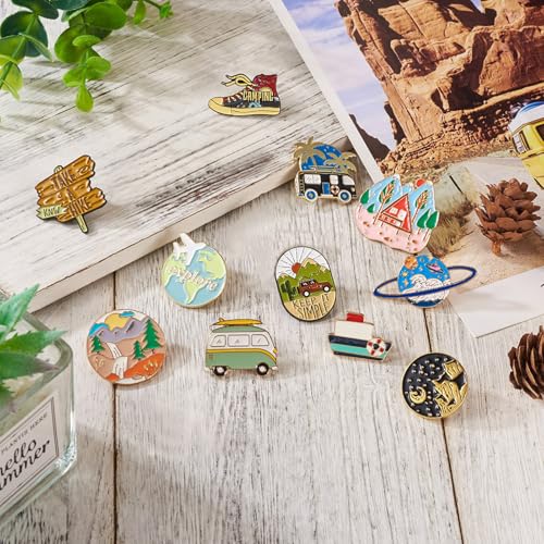 Image of 11Pcs Camping Enamel Pins for Backpacks Adventure Outdoors Lapel Brooch Pins Boat Landscape Mountain Moon Airplane Bus Car Shape Travel Theme Brooch Badges for Bags Hats Jacket Clothes Decor