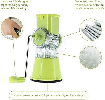 Cheese Grater Manual Rotary Vegetable Slicer Fruit Shredder Drum Grater with 3 Stainless Steel Rotary Set