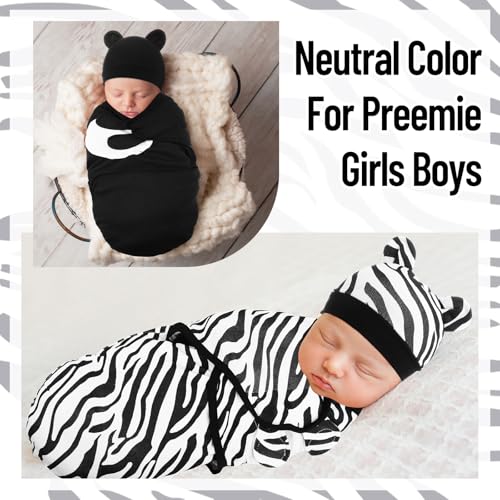 Image of Buryeah 4 Pack Preemie Swaddle Blanket Wrap Set with Hat for Baby Boys Girls 3-7 Lbs Preemie Newborn Clothes Sleepers Cap (Black and White,Leopard)