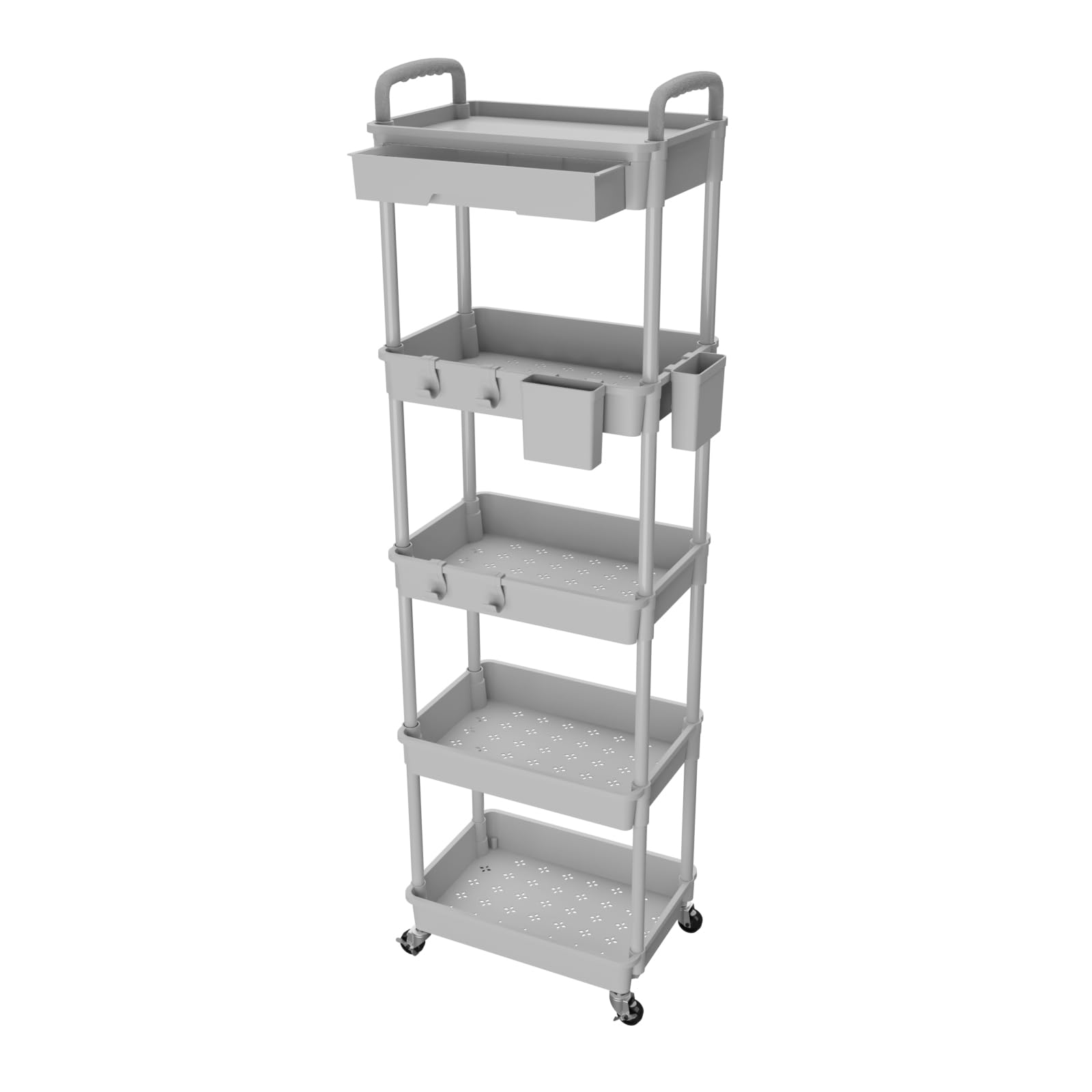 REBECAT - Carrito utilitario de 5 niveles con cajón, carrito utilitario hecho de herramienta organizadora de almacenamiento multifuncional para cocina, baño, sala de estar, oficina (gris)