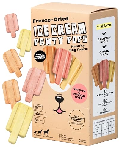 MalsiPree Dog Birthday Treats - Freeze Dried Puppy Ice Cream & Canine Popsicle - Healthy Pet Gift & Party Favors - Grain Free Dessert & Cake Alternative - Salmon Beef & Chicken - 15 Count