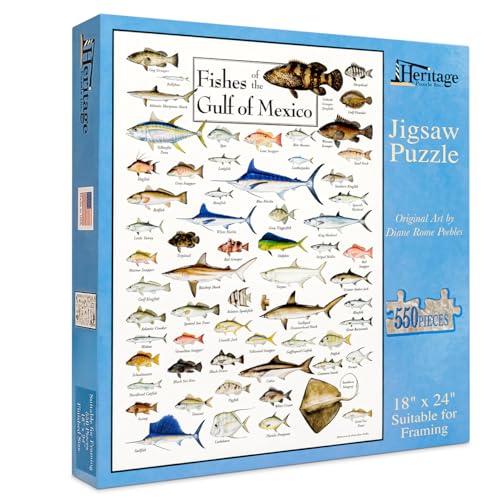 Heritage Puzzle Fishes of The Gulf of Mexico por Diane Peebles 550 piezas | Rompecabezas de 550 piezas para adultos, escena costera de vida marina oceánica 18" x 24" tamaño terminado miniatura 1