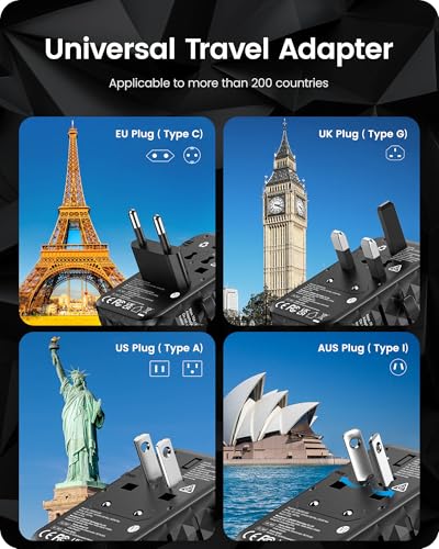 Image of LENCENT 65W GaN International Travel Adapter with 2 USB-A & 3 Type C Ports, Fast Charger for Phones & Laptops, Worldwide Plug Adapter for USA /UK /EU /AUS, Black