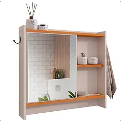 Armário Com Espelho Porta Gancho Para Toalha Banheiro Genova (Off White/Cinamomo2)