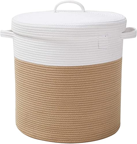 Image of Mansa Traders 12 inch x 12 inch x 14 inch Large Storage Basket with Lid, Cotton Rope Storage Baskets, Laundry Hamper, Blankets Pillows Storage in Living Room Baby Nursery, White&Beige Stiches with Cover