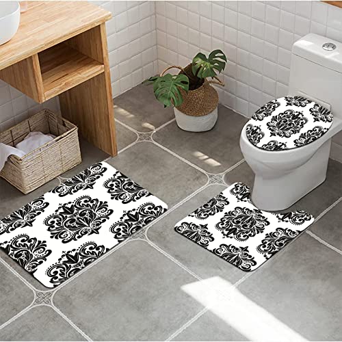 URSOPET Badezimmer Set, rutschfeste Badematte und WC-Vorleger-Set, Barocke schöne Damast-Muster-Schwarz-Spitze-weiße…