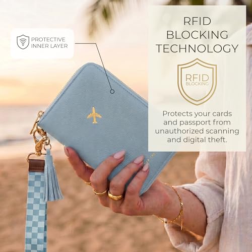 Image of Stylish Passport Holder for Travel with Detachable Wristlet Strap, Blue, 6.4 x 4.6 x 0.7 inches, Modern | All-in-one Travel Wallet Organizer for Women - Secure Money Belt Alternative with Card Slots and Tassel Keychain