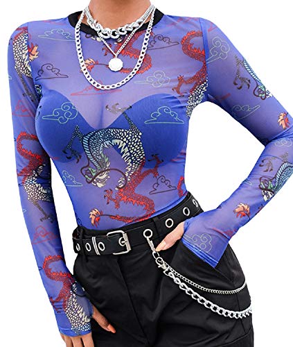 MIZOK Women's Long Sleeve See Through Shirts Dragon Printed Mesh Crop Tops Tee (L,Blue)