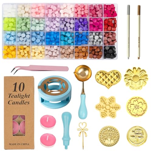 1123Pcs Wax Seal Kit Sealing Wax Beads Set with Warmer 6PCS Alien Seal Head Lacquer spoon Blue Handle 10PCS Candles 2Pcs Metallic Pens for Stamps