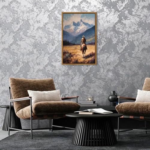 Image of Western Cowboy Wall Art Vintage Western Framed Wall Decor for Bedroom | 24x36 inch Cowboy on Horse Canvas Prints Fall Mountain Landscape Painting Rustic Country Wall Decor for Living Room Home Office