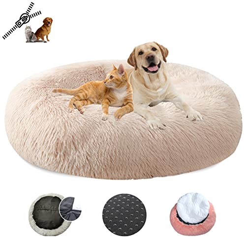LRHRHR Panier pour Chien Dehoussable, Coussin Chien Anti Stress Lit Moelleux Apaisant Chat Lavable, Coussin Donut pour Chats et Chiens-Light Brow||Ø70cm/28in