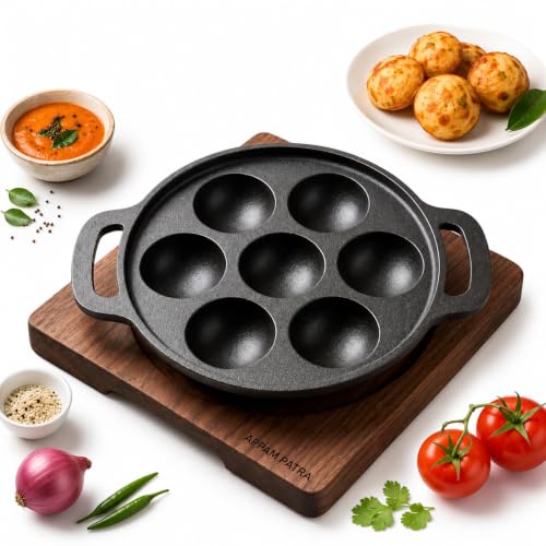 Image of Cast Iron 7 Cavity Paniyaram Pan | Pre-Seasoned Appam Patra, Kuzhi Paniyaram, Appe, Paddu, Ponganal, Litti & Pancake Maker | Naturally Non-Stick | Gas & Induction Compatible | 2 Side Handles (7 Pit)