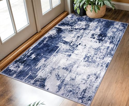 KOZYFLY Modern Abstract 3x5 Area Rug Washable Bedroom Rug Throw Entry Mat Non-Slip Stain Resistant Carpet Dining Room Rug with Soft Low Pile for Living Room Kitchen Bath Office, Navy Blue/Grey/White
