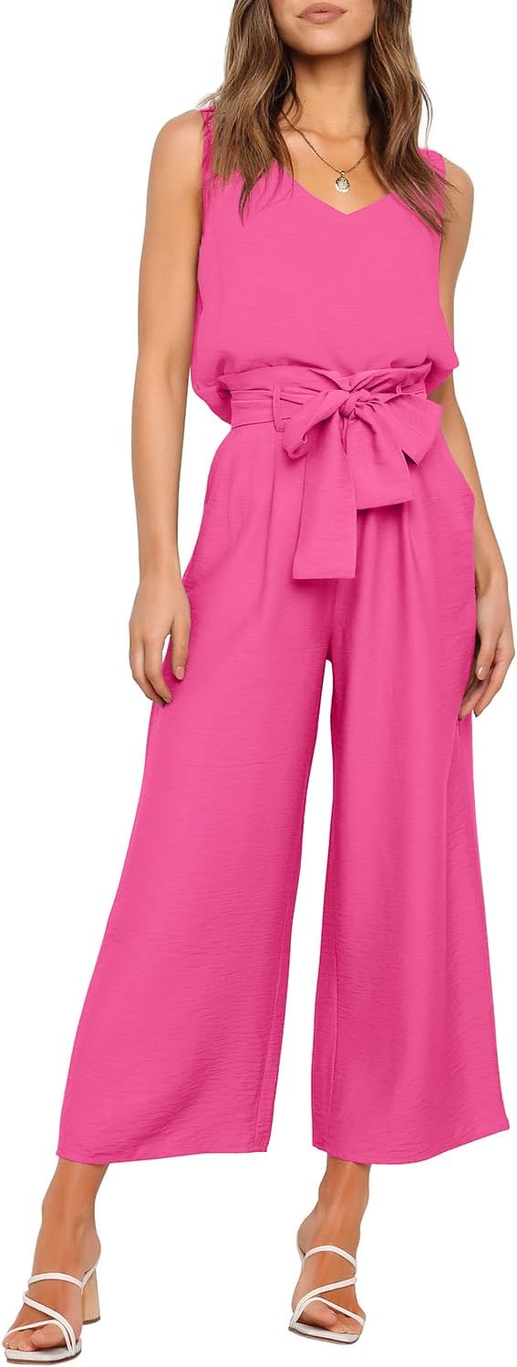 FANCYINN Womens 2 Piece Set V Neck Tank Wide Strap Tops High Waisted Cropped Paper Bag Pants with Belt