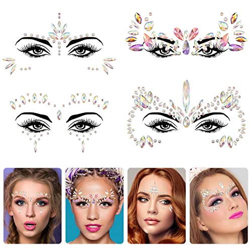 4 Pièces Strass Visage, Strass Autocollant Visage, Strass Maquillage Tatouage Temporaire, Strass Visage Festival Pour Carnaval de Musique, Faire la fête, Se Maquiller, Bijoux de Corps