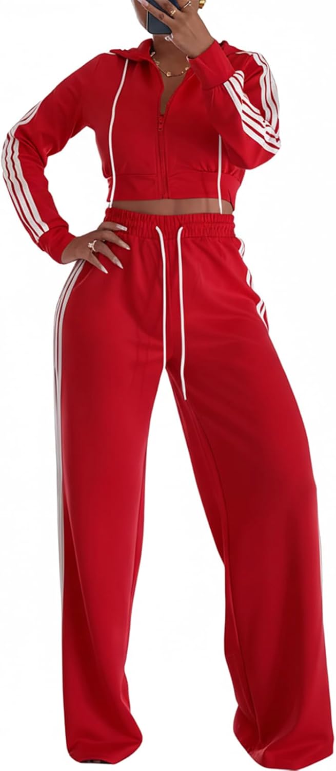Alunzoem Track Suits for Women Set Side Stripe Cropped Zip Up Jacket Wide Leg Pants 2 Piece Outfit
