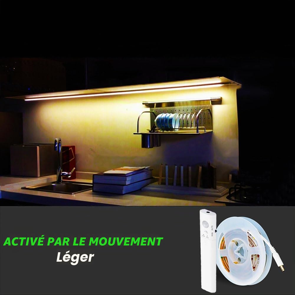 Ruban Led 3m Chambre Lumiere Pile Led Detecteur de Mouvement, Reglet Bande Led Blanc Chaud 3m Strip Lights TV Interieur Nuit Light Lumineuse Bandeau Leds Autocollante Éclairage Sans Électricité