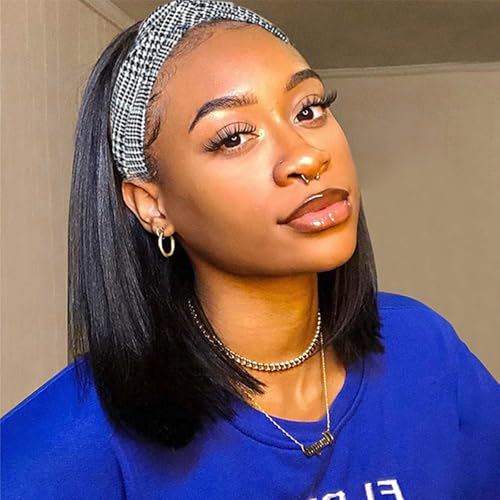 Image of Headband Wig Human Hair Straight Headband Wigs for Black Women Glueless None Lace Front Human Hair Half Wig Brazilian Virgin Hair Machine Made Wigs Natural Color 150% Density 12 Inch