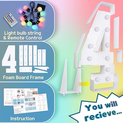 Image of Imprsv Colorful 4FT Marquee Numbers 4, 18 Colors Large Light up Numbers | RGB with Remote, Birthday Party Decorations Anniversary Wedding Decorations Assembly Required 24 Pcs Accessory Set