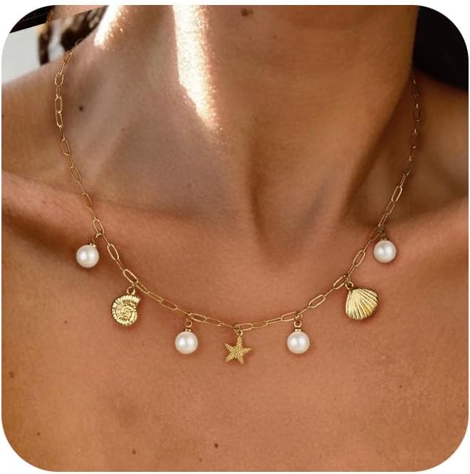 Gold plated starfish and seashell necklace for women.