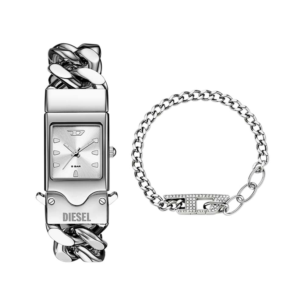 Diesel Hombre Reloj Plateado Closer y Pulsera D Logo, Set