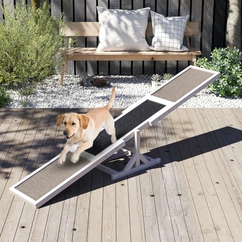 COSTWAY Hundewippe Holz, Hunde Agility Wippe, Outdoor Hundesport für Balance-Training, für kleine & große Hunde bis 60 kg, wetterfestes Spielset, 179 x 30 x 55 cm (Weiß)