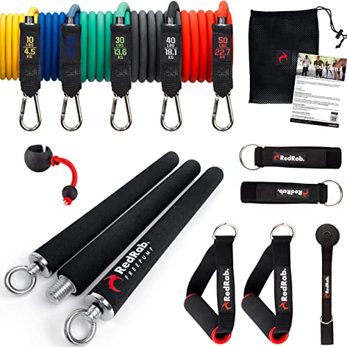 Red Rab FREEPUMP Fitness Stange Set - Widerstandsbänder Stange Krafttraining & Pilates - Fitnessbänder mit Stange als Home Gym Equipment - Resistance Bands & Bar - Smart Workout Bar Training Zuhause