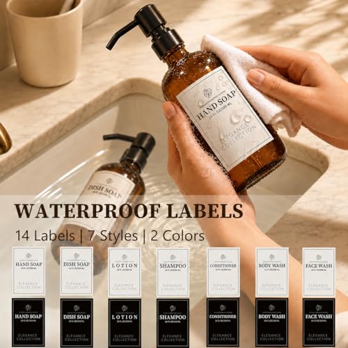 Image of Fachixy Amber Glass Soap Dispenser (2 Pack), 16 Fl Oz Hand & Dish Soap Dispenser Bottles Set with Leak-Resistant Stainless Steel Pump, Non-Slip Pad, 14 Waterproof Labels for Kitchen and Bathroom