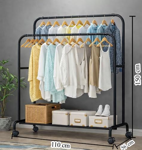 Image of Owme Heavy Duty Metal Garment Rack with Wheels | Portable Clothes Hanging Stand | Rolling Clothing Rack for Bedroom, Laundry & Retail Store | Space Saving Cloth Stand - RAIL BLACK