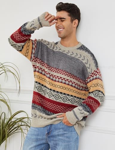 Arssm Mens Vintage Sweater Grandpa Oversized Cable Knit Crewneck Pullovers Casual Long Sleeve Striped Sweater(Red-M)3