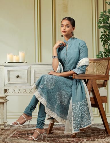 Image of BIBA Women Cotton Asymmetric Solid Kurta Churidar Suit Set