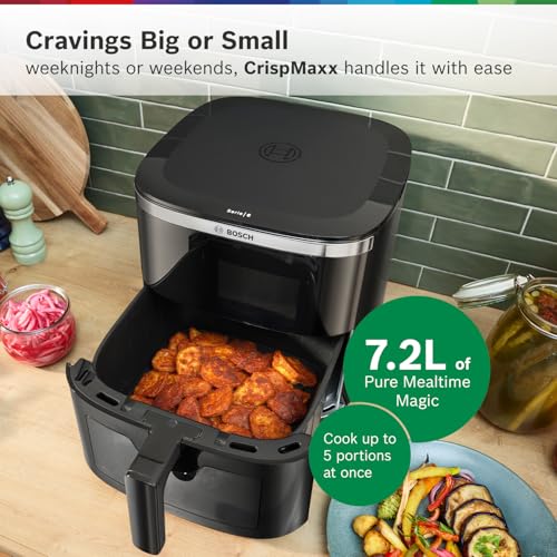Image of Bosch CrispMaxx Digital Air Fryer XXL 7.2L with Baking Tray | Illuminated Viewing Window | Touch Panel | 7 Preset Menu | Shake Alarm | Uses Upto 95% Less Oil | 2-Year Warranty | Black【MAF671B5IN】