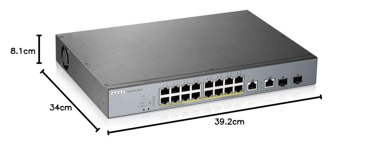 Zyxel Switch 16 ports Gigabit Smart Managed PoE+ avec une réserve de 250 watts et 2 ports Gigabit Combo avec gestion Cloud Nebula, Long Range PoE Switch [GS1350-18HP] | 16x Ports PoE+ avec Budget de 250W + 2x Combo RJ-45/SFP, NebulaFlex Pro, Mode Surveill