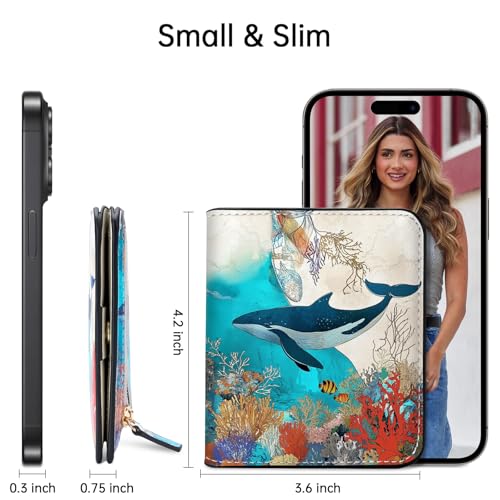 Image of Toughergun Bule Whale RFID Small Wallet Women, Slim Thin Vegan Leather Bifold Wallet with Zipper Coin Pocket & ID Window, Cute Mini Travel Credit Card Holder Gift for Women Ladies Teen Girls
