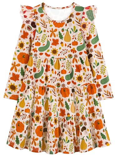 Poroka Girls Ruffle Sleeve Dress Tiered Swing A-Line Twirly Skater Midi Casual Dress for Kids with Pockets Summer Fall Winter