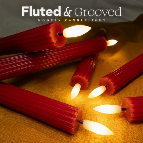 Image of 10 inch Fluted Ribbed LED Red Grooved Real Wax Taper Candles, Remote & 24h Timer Memory, On /Off Switch - Flameless Dimmable Battery Operated w /Flicker Mode, Home Wedding Decor (6 Pack)