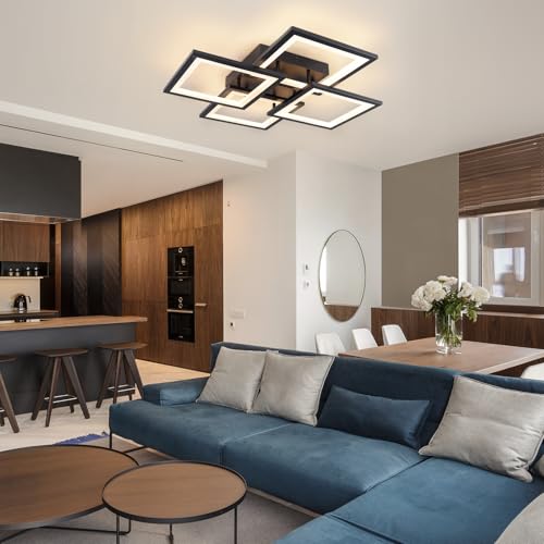 CANEOE LED Deckenleuchte,Dimmbar mit Fernbedienung & APP 4-Quadrat Deckenleuchte 55W 5000LM, Schwarz Deckenlampe für Wohnzimmer, Schlafzimmer, Küche, Flur, Balkon, Esszimmer, 3500-6500K